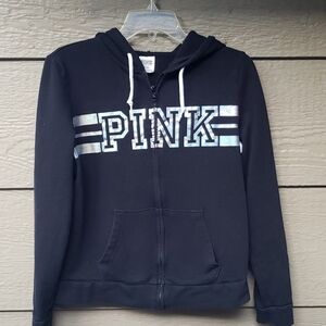 Victoria Secret PINK Hoodie  Medium Black Full Zip Iridescent Logo M